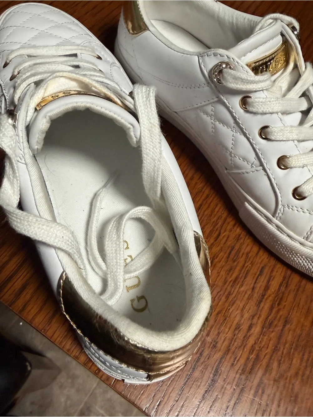 GUESS White Quilted Sneakers with Gold Hardware